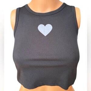 Unk Black Ribbed Crop Tank with White Heart